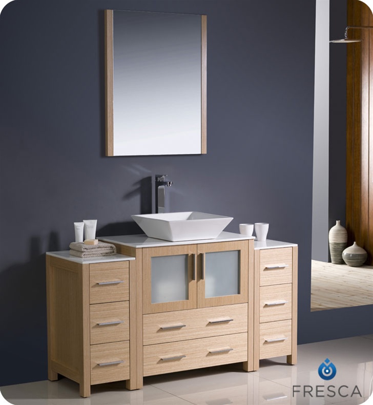 54 Torino Light Oak Modern Bathroom Vanity W 2 Side Cabinets Vessel Sink